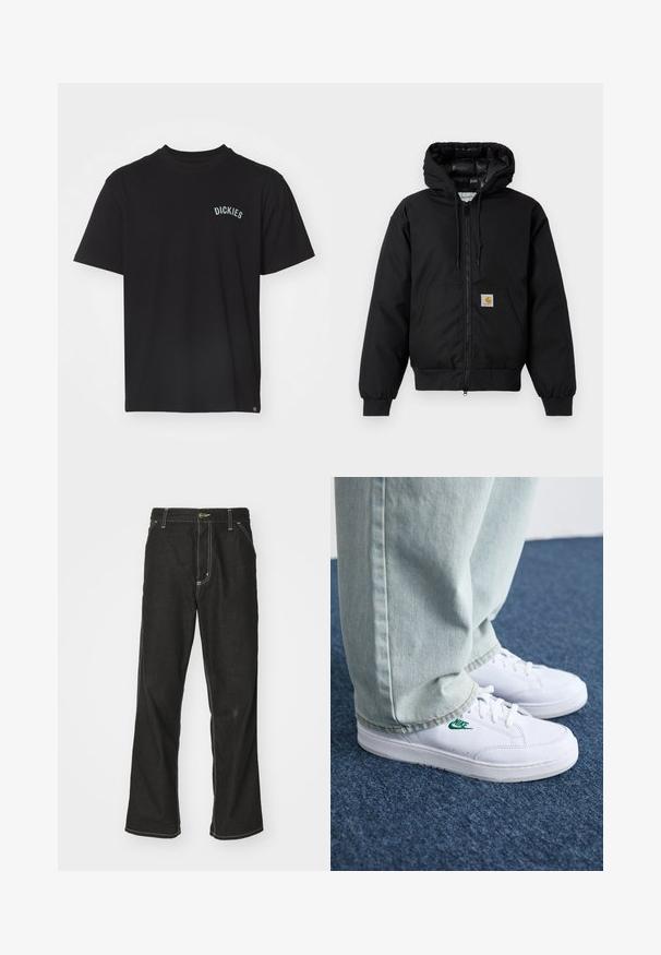 Chaqueta con capucha Carhartt negra, con cremallera frontal, bolsillo tipo canguro, puños de canalé y parche con el logo en el bolsillo.; Camiseta negra de manga corta hecha de algodón, con un pequeño logo turquesa que dice "DICKIES" en el pecho. Diseño clásico de cuello redondo.; Jeans de mezclilla negra con un corte holgado, que cuentan con costuras blancas contrastantes, cierre de botón y un diseño de pierna recta.; Zapatillas de cuero blanco con logo de Nike verde, puntera redonda, suela plana, combinadas con pantalones de mezclilla azul claro, sobre una alfombra azul.