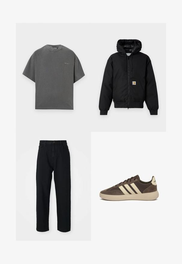 Schwarze Carhartt Kapuzenjacke mit Frontreißverschluss, Kängurutasche, gerippten Bündchen und Logopatch auf der Tasche.; Graues, übergroßes T-Shirt mit kurzen Ärmeln aus weichem Baumwollmix, mit Rundhalsausschnitt und dezentem Logo-Detail auf der Brust. Glatte Stoffoberfläche.; Schwarze Jeans mit geradem Schnitt. Verfügt über ein klassisches Fünf-Taschen-Design, Knopfverschluss und subtile Stofftextur.; Brauner Wildledersneaker mit drei weißen Streifen, abgerundetem Zehenbereich, dicker Gummisohle und minimaler Markenkennzeichnung an der Ferse.