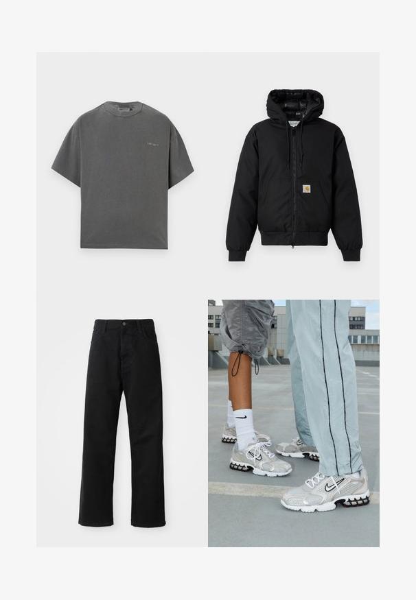 Black Carhartt hooded jacket with front zipper, kangaroo pocket, ribbed cuffs, and logo patch on pocket.; Gray oversized short-sleeve t-shirt in soft cotton blend with a crew neckline and subtle logo detail on the chest. Smooth fabric texture.; Black denim pants with a straight cut, featuring front pockets, a zip fly, and a single top button. Textured fabric with a matte finish.; Nike athletic shoes in a silver mesh material, featuring white laces, a black swoosh logo, and a black and red air cushioning sole.