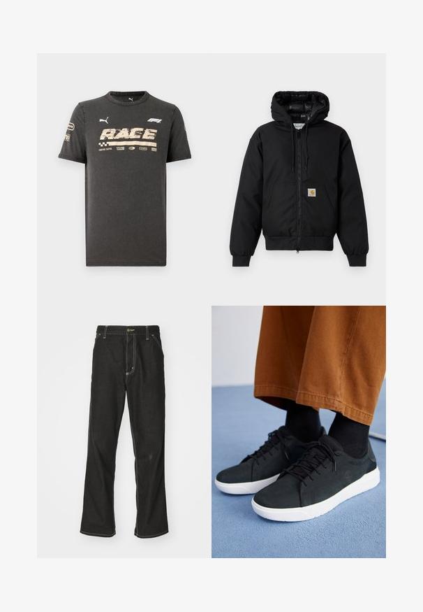 Černá bunda Carhartt s kapucí, předním zipem, klokaní kapsou, ribovanými manžetami a logem na kapse.; Černé bavlněné tričko s krátkými rukávy, zdobené grafikou "RACE" ve zlatém, opotřebovaném písmu a brandingem. Kolo šitý výstřih s hladkou texturou.; Černé denimové džíny s volným střihem, s kontrastním bílým prošíváním, zapínáním na knoflík a rovnými nohavicemi.; Černé semišové tenisky s bílými gumovými podešvemi, s šněrovacím designem, texturovanými detaily a jemným logem, spárované s hnědými kalhotami.