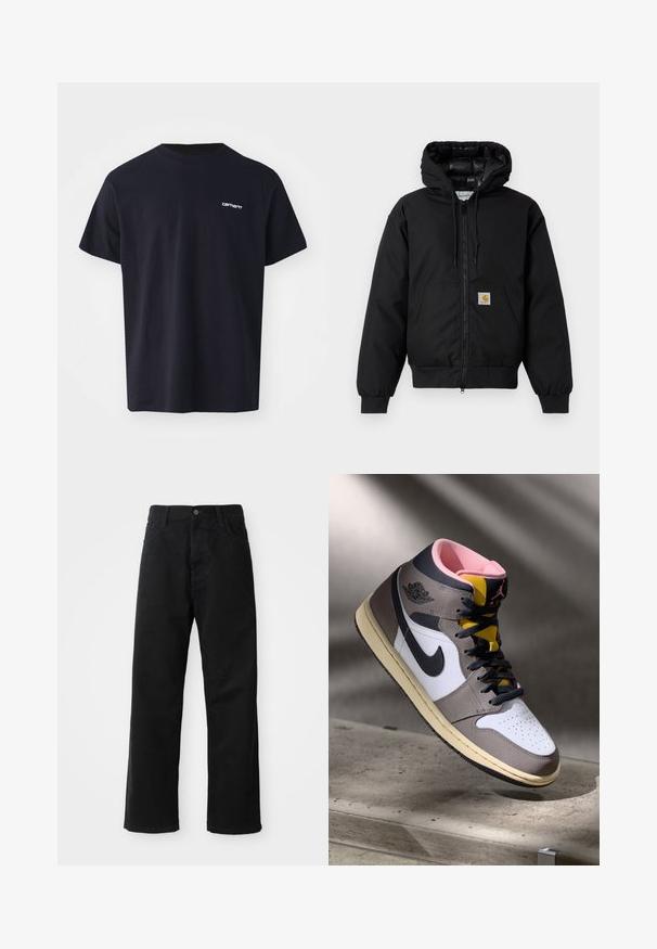 Schwarze Carhartt Kapuzenjacke mit Frontreißverschluss, Kängurutasche, gerippten Bündchen und Logopatch auf der Tasche.; Schwarzes Baumwoll-T-Shirt mit kurzen Ärmeln, Rundhalsausschnitt und einem dezenten weißen Logo im linken Brustbereich. Glatte Textur, normale Passform.; Schwarze Jeans mit geradem Schnitt, ausgestattet mit Fronttaschen, einem Reißverschluss und einem einzelnen oberen Knopf. Texturiert mit matter Oberfläche.; Hohe Nike Air Jordan Sneaker in Weiß, Grau und Schwarz mit pinkem Innenfutter und gelber Zunge, auf einer Betontfläche platziert.