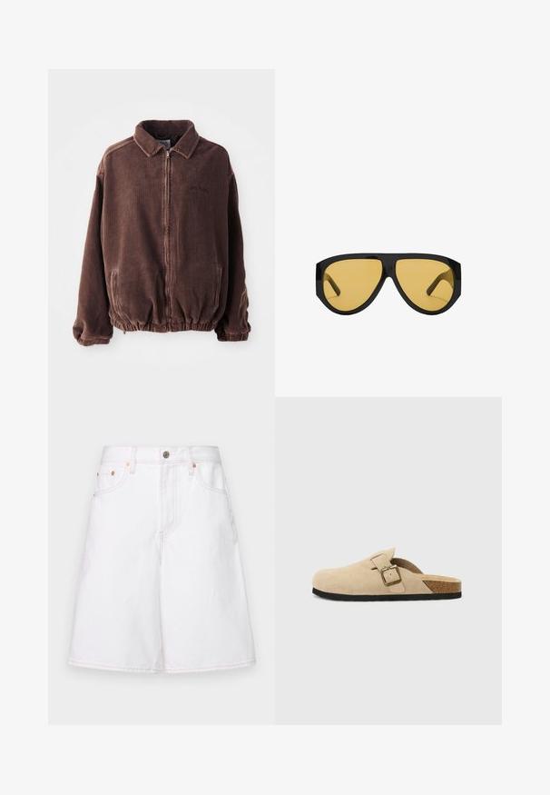 Smeđa kord jake na patentni zatvarač s ovratnikom, elastičnim manžetama i rubom, te dva prednja džepa na bijeloj pozadini.; Svijetlosiva majica bez rukava od mekanog, teksturiranog pletiva. Ima okrugli izrez i slobodan kroj. Unutra se nalazi oznaka "ANNA FIELD".; GAP JORT - Kratke hlače - optic white; Bež semisoft cipele s otvorenom petom, s plutenom unutrašnjosti, zaobljenim nožnim prstom i jednostavnom trakom sa zlatnim kopčanjem. Gumeni potplat za bolji grip.; Sunčane naočale s elegantnim okvirom od crnog plastike i žutim lećama, s izrazitim kutnim oblikom i širokim sljepoočnicama za dodatnu zaštitu.; Tkana bijela torba s teksturiranom površinom i dugim remenom; uključuje malu odgovarajuću torbicu s patentnim zatvaračem.