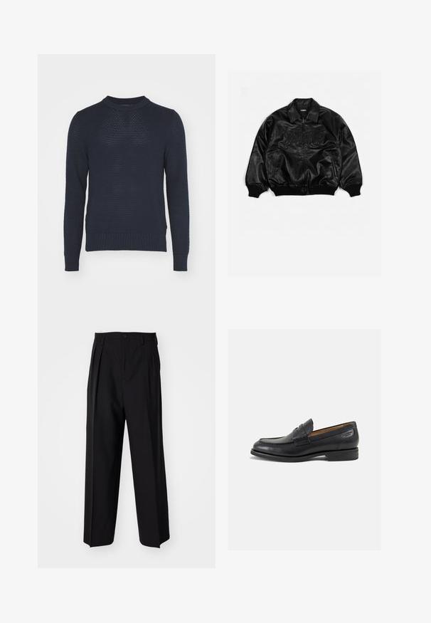Jachetă bomber din piele neagră cu fermoar frontal, manșete și tiv cu dungi, având inscripții embosate pe piept și buzunare laterale.; Pulover tricotat de culoare bleumarin, cu un țesătură texturată, guler rotund și manșete și tiv dantelat. Prezintă un design ușor și respirabil.; Tricou din bumbac negru, cu mâneci scurte și decolteu rotund. Materialul are o textură netedă și un design simplu, uni.; Pantaloni negri plisat cu un design drept și pantaloni largi. Construiți dintr-un material neted, prevăzuți cu închidere cu nasture și bucle pentru curea.; Mocasini din piele neagră cu o finisare netedă, vârf rotund și cusături decorative pe partea superioară. Toc mic și stivuit, cu o ușoară strălucire.