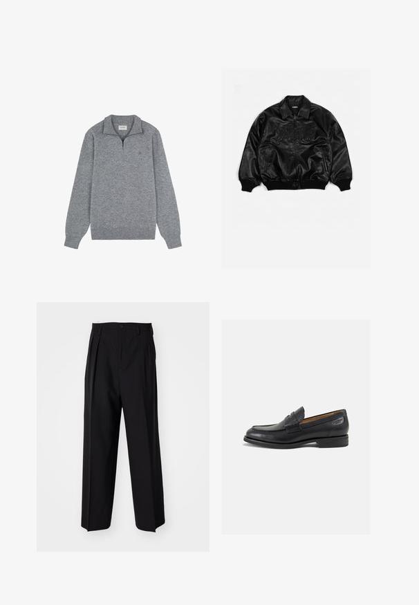 Black leather bomber jacket with a zip front, ribbed cuffs and hem, featuring embossed lettering on the chest and side pockets.; Gray sweater with a zippered mock neck, made of soft knit material. Features long sleeves and a subtle logo on the chest.; Black pleated trousers with a straight, wide-leg design. Made from smooth fabric, featuring a button closure and belt loops.; Black leather loafers with a smooth finish, rounded toe, and decorative stitching on the vamp. Low stacked heel and slight shine.