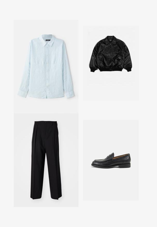 Čierna kožená bomber bunda so zapínaním na zips, s rebrovanými manžetami a spodným lemom, s embosovaným nápisom na hrudi a bočnými vreckami.; Svetlo modrá košeľa s dlhým rukávom z ľanu, s gombíkovou priehlbinou, špicatým golierom a klasickými manžetami. Mäkkučká textúra, minimalistický dizajn.; Čierne skladané nohavice s rovnom, širokým strihom. Vyrobené z hladkého materiálu, s gombíkovým zapínaním a pútkami na opasok.; Čierne kožené mokasíny s hladkým povrchom, zaoblenou špičkou a dekoratívnym prešívaním na prednej časti. Nízky kokteilový opätok a jemný lesk.