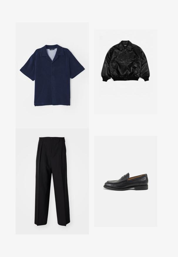 Musta nahkainen pommijakku, jossa on vetoketjukiinnitys, ribbireunat hihansuissa ja helmassa. Takissa on kohokuvioidut kirjaimet rinnassa ja sivutaskut.; Löysä sinimusta lyhythihainen paita pehmeästä kankaasta. Varustettu laskostetulla kauluksella ja napitettavalla edusosalla. Sileä pinta ilman kuvioita.; Mustat laskostetut housut, joissa on suora, leveä lahje. Valmistettu sileästä kankaasta, jossa on nappisuljenta ja vyölenkit.; Mustat nahkaloaferit, joissa on sileä pinta, pyöreä varvas ja koristeompeleet varpaansuojassa. Matala pinottu korko ja hieno kiilto.