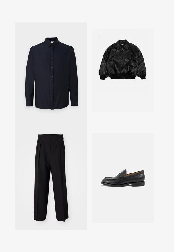 Svart lær bomberjakke med glidelås foran, ribbestrikkede mansjetter og kant, med preget skrift på brystet og sidelommer.; Mørk marineblå langermet skjorte med krage og cuffs, vist flatt mot en ensfarget lys bakgrunn.; Sorte plissert bukser med en rett, bred benform. Laget av glatt stoff, med knappelukking og beltehemper.; Sorte lær loafers med en glat overflade, rund tå og dekorativ syning på forfoden. Lav stablet hæl og let glans.