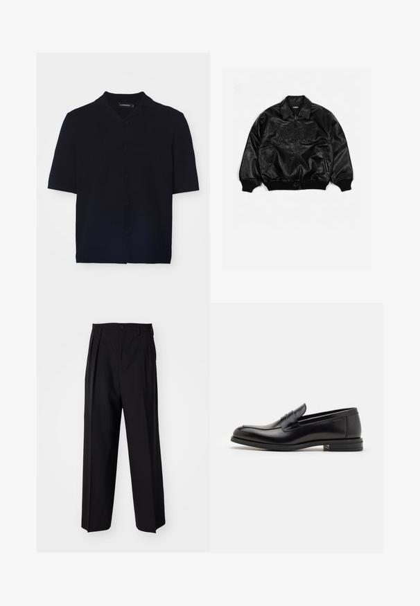 Juodas odinis bombonešis su užtrauktuku priekyje, iškirptomis rankovėmis ir apačia, puošniai iškėlėmis raidėmis ant krūtinės ir šoninėmis kišenėmis.; Trumpas juodos spalvos marškiniai su trumpomis rankovėmis, pagaminti iš tekstūruotos medžiagos, su stovyklos apykakle ir šešiais atitinkančiais mygtukais priekyje.; Juodi klostuoti kelnių, su tiesiu, plačiu kojų dizainu. Pagaminti iš lygios medžiagos, su mygtukų uždarymu ir diržo kilputėmis.; Juodos odinės loafers, turinčios lygų paviršių, apvalią noselę ir dekoratyvinę juostą per priekinę dalį. Žemas krentantis kulnas, minimalistinis dizainas.