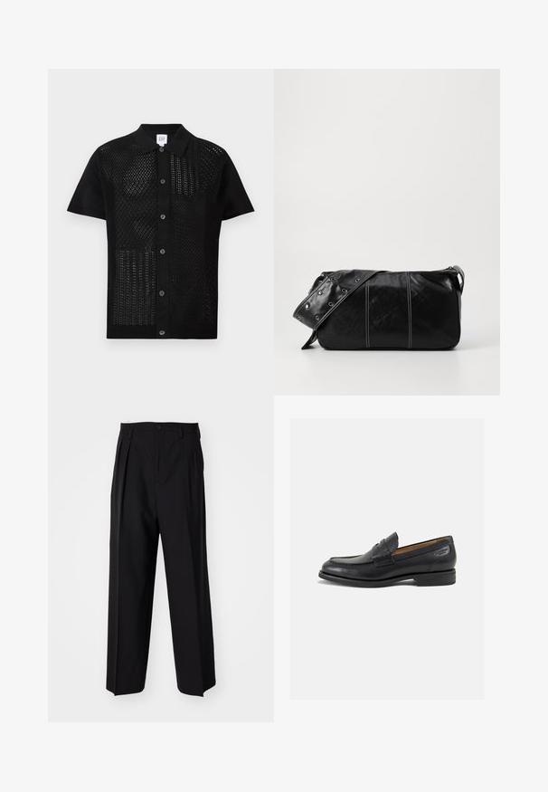 Svart läderbomberjacka med dragkedja fram, ribbade ärmslut och nederkant, med präglad text på bröstet och sidofickor.; Kortärmad svart polo med en strukturerad, perforerad väv på framsidan. Har en enhetlig krage och knappar nedtill i mitten.; Svart bomullströja med korta ärmar och rund halsringning. Tyget har en slät yta och en enkel, enfärgad design.; Svarta plisserade byxor med en rak, bred bendesign. Tillverkade av ett slätt tyg, med knäppning fram och bälteshällor.; Svarta läder loafers med en slät ytfinish, rund tå och dekorativ sömnad på vampen. Låg staplad klack och lätt glans.; Svart läder axelväska med dragkedjestängning, som har en texturerad yta, vit sömnad och ett bälte med silveröglor.