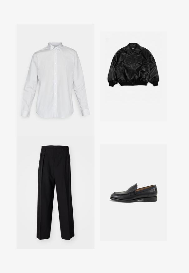 Musta nahkest bomber-jakk, millel on lukuga esikülg, soonikkoes varrukad ja alläär, ning millel on esitooted ja küljetaskud, millel on embossed kiri rinnal.; Jack & Jones JJJOE PRINT SHIRT - Ametlik pluus - medieval blue; Mustalane puuvillane t-särk lühikeste varrukatega ja ümarate kaelustega. Kangas on sileda tekstuuriga ja lihtsa, ühtlase disainiga.; Mustad volditud püksid sirge ja laia säärega disainiga. Valmistatud siledast kangast, millel on nuppudega sulgemine ja vööaasad.; Mustad mustad nahast loafers, sujuva viimistlusega, ümar sirge ja dekoratiivne tikand peal. Madal ja kergelt kuhjatud konts ning kerge läige.