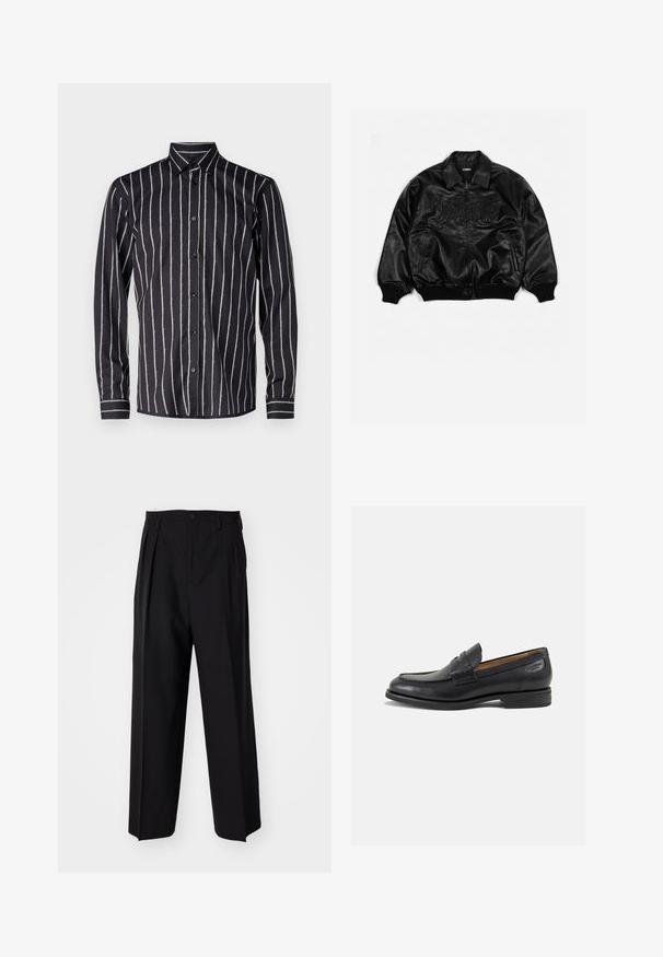 Schwarze Lederbombajacke mit durchgehendem Reißverschluss, gerippten Bündchen und Saum, mit geprägt beschrifteter Brust und seitlichen Taschen.; Bruuns Bazaar VANIGILLY SHIRT - Hemd - black; Schwarze, plissierte Hose mit geradem, weitem Bein. Hergestellt aus glattem Stoff, mit Knopfverschluss und Gürtelschlaufen.; Schwarze Leder Slipper mit glatter Oberfläche, runder Spitze und dekorativer Naht auf dem Vorderblatt. Niedriger Blockabsatz und leichter Glanz.