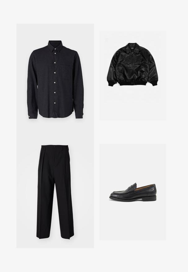 Schwarze Lederbombajacke mit durchgehendem Reißverschluss, gerippten Bündchen und Saum, mit geprägt beschrifteter Brust und seitlichen Taschen.; Dunkelgraues Langarmhemd aus strukturiertem Stoff. Hat einen Button-Down-Kragen, eine Brusttasche und eine Knopfverschluss mit silbernen Knöpfen.; Schwarzes Baumwoll-T-Shirt mit kurzen Ärmeln und rundem Ausschnitt. Der Stoff hat eine glatte Textur und ein einfaches, schlichtes Design.; Schwarze, plissierte Hose mit geradem, weitem Bein. Hergestellt aus glattem Stoff, mit Knopfverschluss und Gürtelschlaufen.; Schwarze Leder Slipper mit glatter Oberfläche, runder Spitze und dekorativer Naht auf dem Vorderblatt. Niedriger Blockabsatz und leichter Glanz.
