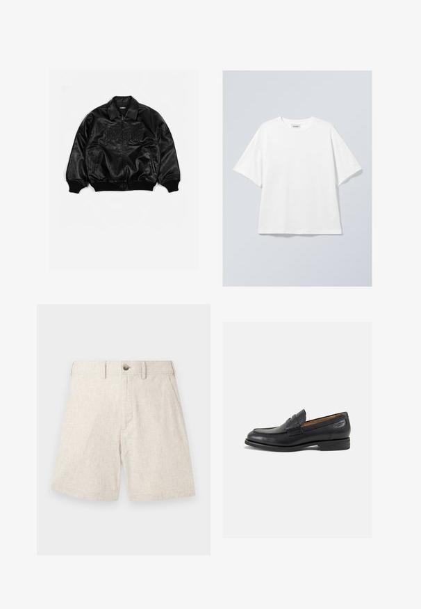 Giubbotto bomber in pelle nera con zip frontale, polsini e parte inferiore a costine, con lettering in rilievo sul petto e tasche laterali.; T-shirt bianco in cotone con scollo rotondo e maniche corte. Vestibilità comoda senza motivi o dettagli visibili. Texture morbida.; Pantaloni corti di lino color beige chiaro con tessuto texturizzato, dotati di chiusura anteriore con bottone, due tasche laterali e un design su misura.; Mocassini in pelle nera con finitura liscia, punta arrotondata e cuciture decorative sulla tomaia. Tacco basso impilato e leggero lucido.