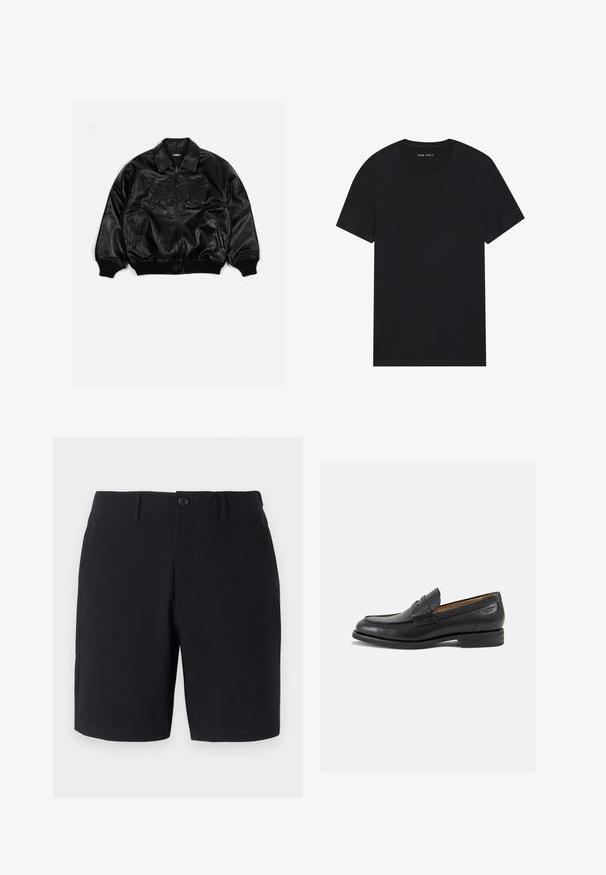 Juodas odinis bombonešis su užtrauktuku priekyje, iškirptomis rankovėmis ir apačia, puošniai iškėlėmis raidėmis ant krūtinės ir šoninėmis kišenėmis.; Juodas medvilnės marškinėliai su trumpomis rankovėmis ir apvalia iškirpte. Audinys turi lygų paviršių ir paprastą, vientisą dizainą.; Juodi šortai su tekstūruotu audiniu, mygtuko užsegimu, dirželių kilpomis ir šoninėmis kišenėmis; elegantiška figūra su švariai siūtomis kraštinėmis.; Juodi odiniai loafersai su lygiu paviršiumi, apvaliu pirštu ir dekoratyvine siūlė viršuje. Žemas sustiprintas kulnas ir lengvas blizgesys.
