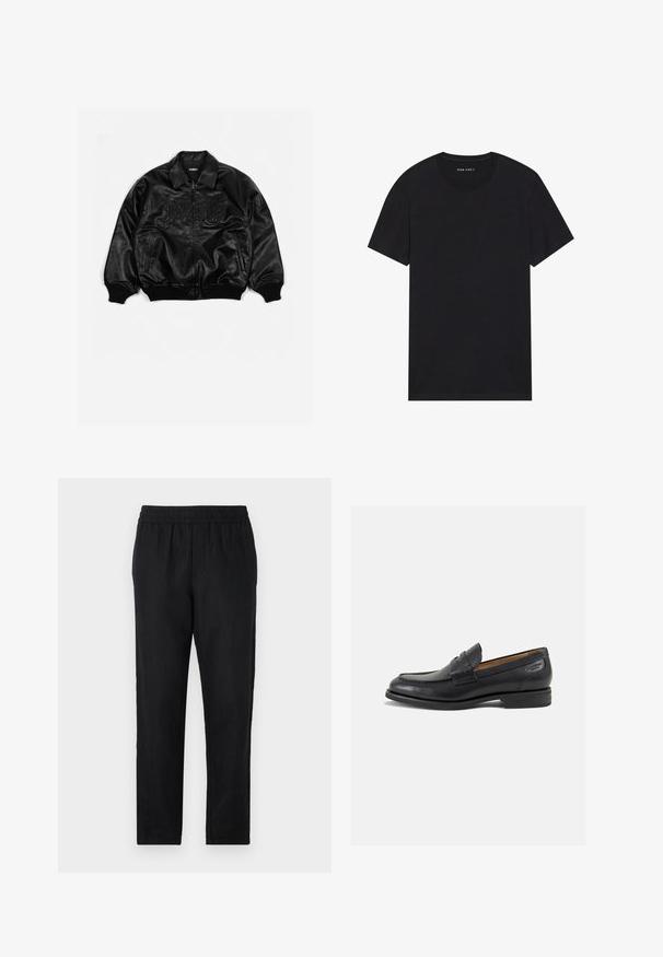 Black leather bomber jacket with a zip front, ribbed cuffs and hem, featuring embossed lettering on the chest and side pockets.; Black cotton t-shirt with short sleeves and a round neckline. The fabric has a smooth texture and a simple, solid design.; Black, lightweight pants with an elastic waistband, straight legs, and a smooth texture. Features two side pockets for functionality.; Black leather loafers with a smooth finish, rounded toe, and decorative stitching on the vamp. Low stacked heel and slight shine.