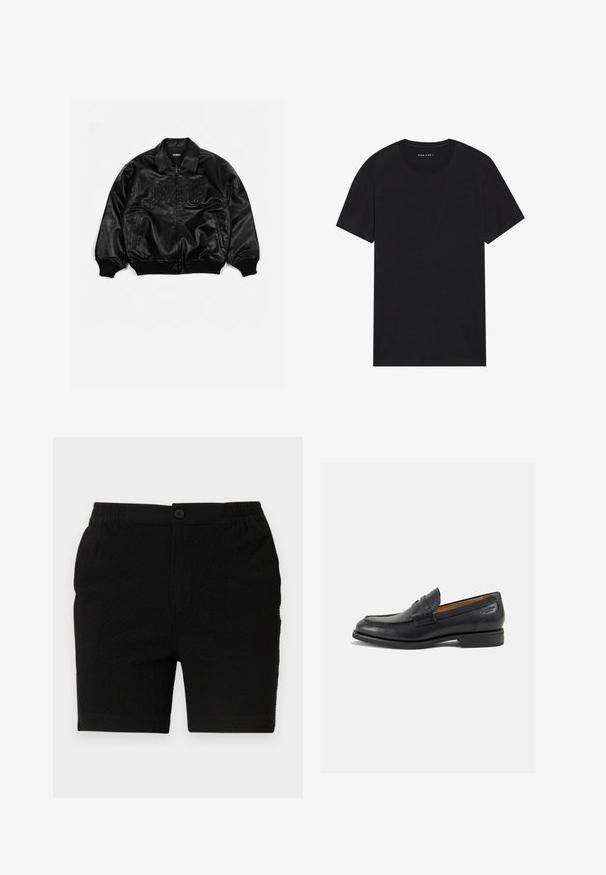 Musta nahkainen pommijakku, jossa on vetoketjukiinnitys, ribbireunat hihansuissa ja helmassa. Takissa on kohokuvioidut kirjaimet rinnassa ja sivutaskut.; Musta puuvillapaita lyhyillä hihoilla ja pyöreällä kaula-aukolla. Kankaan pinta on sileä ja sen muotoilu on yksinkertainen ja yksivärinen.; Mustat shortsit, joissa on teksturoitu kangas, joustava vyötärönauha ja yksi nappisulku. Suunniteltu vapaa-ajan käyttöön suoralla leikkauksella.; Mustat nahkaloaferit, joissa on sileä pinta, pyöreä varvas ja koristeompeleet varpaansuojassa. Matala pinottu korko ja hieno kiilto.