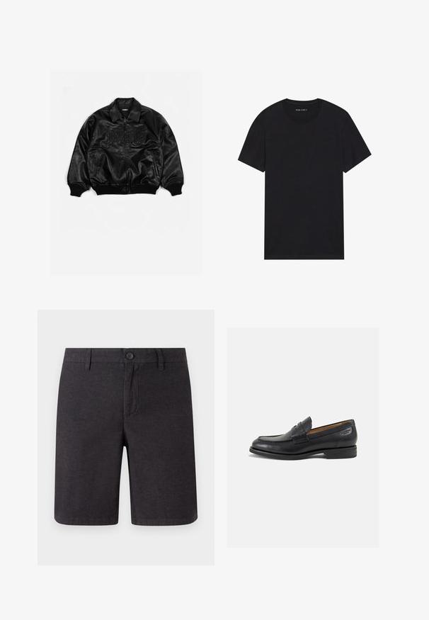 Black leather bomber jacket with a zip front, ribbed cuffs and hem, featuring embossed lettering on the chest and side pockets.; Black cotton t-shirt with short sleeves and a round neckline. The fabric has a smooth texture and a simple, solid design.; Dark gray shorts made of woven fabric, featuring a button closure, belt loops, and a straight leg design, with clean hems and side pockets.; Black leather loafers with a smooth finish, rounded toe, and decorative stitching on the vamp. Low stacked heel and slight shine.