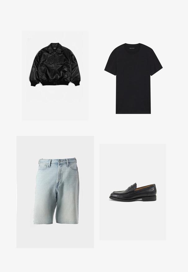 Svart lær bomberjakke med glidelås foran, ribbestrikkede mansjetter og kant, med preget skrift på brystet og sidelommer.; Svart bomulls t-skjorte med korte ermer og rund hals. Stoffet har en glatt tekstur og et enkelt, ensfarget design.; Lyseblå denimshorts med høy midje, fem lommer og knapplukking. Stoffet har en lett slitt tekstur og falmet utseende.; Sorte lær loafers med en glat overflade, rund tå og dekorativ syning på forfoden. Lav stablet hæl og let glans.