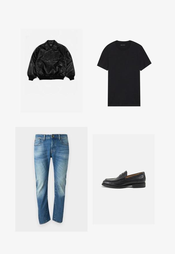 Giubbotto bomber in pelle nera con zip frontale, polsini e parte inferiore a costine, con lettering in rilievo sul petto e tasche laterali.; T-shirt nera in cotone con maniche corte e scollatura rotonda. Il tessuto ha una consistenza liscia e un design semplice, tinta unita.; Jeans in denim blu sbiadito a gamba dritta con cinque tasche, chiusura con bottone e dettagli di cucitura visibili sul davanti.; Mocassini in pelle nera con finitura liscia, punta arrotondata e cuciture decorative sulla tomaia. Tacco basso impilato e leggero lucido.