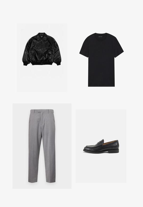 Svart läderbomberjacka med dragkedja fram, ribbade ärmslut och nederkant, med präglad text på bröstet och sidofickor.; Svart bomullströja med korta ärmar och rund halsringning. Tyget har en slät yta och en enkel, enfärgad design.; Grå dressbyxor tillverkade av texturerat tyg, med rak bendesign, framfållar och standard midjeband med bältesöglor.; Svarta läder loafers med en slät ytfinish, rund tå och dekorativ sömnad på vampen. Låg staplad klack och lätt glans.