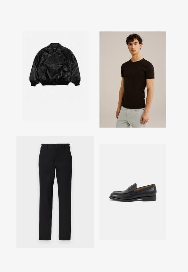 Musta nahkainen pommijakku, jossa on vetoketjukiinnitys, ribbireunat hihansuissa ja helmassa. Takissa on kohokuvioidut kirjaimet rinnassa ja sivutaskut.; Mustat lyhythihaiset t-paidat, joissa on pyöreä pääntie, on valmistettu sileästä ja joustavasta kankaasta. Istuvuus on slim, suunniteltu istumaan tiiviisti vartalon lähellä.; Musta housut, jotka on valmistettu sileästä kankaasta, suoranlahkeiset, napillinen sulku ja vyölenkit. Ilman näkyviä kuvioita tai aksentteja.; Mustat nahkaloaferit, joissa on sileä pinta, pyöreä varvas ja koristeompeleet varpaansuojassa. Matala pinottu korko ja hieno kiilto.