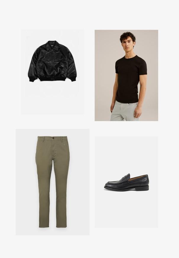 Melnas ādas bumbvedēju jakas ar rāvējslēdzēju priekšpusē, ribotām aprocēm un apakšmalu, kurai ir izspiesti burti uz krūtīm un sānu kabatām.; Melnā īsām piedurknēm T-krekls ar apaļu kakla izgriezumu, izgatavots no gludas, elastīgas auduma. Piegriezums ir sašaurināts, paredzēts, lai cieši pieguļ ķermenim.; Oluva zaļa, pieguļošas chinos bikses, izgatavotas no kokvilnas ar gludu tekstūru. Iekļauj pogas aizdari un četras kabatas. Vienkāršs, minimālists dizains.; Melnas ādas loafers ar gludu apdari, noapaļotu purngalu un dekoratīvām šuvēm uz virsu. Zems, sakrauta papēža un neliels spīdums.