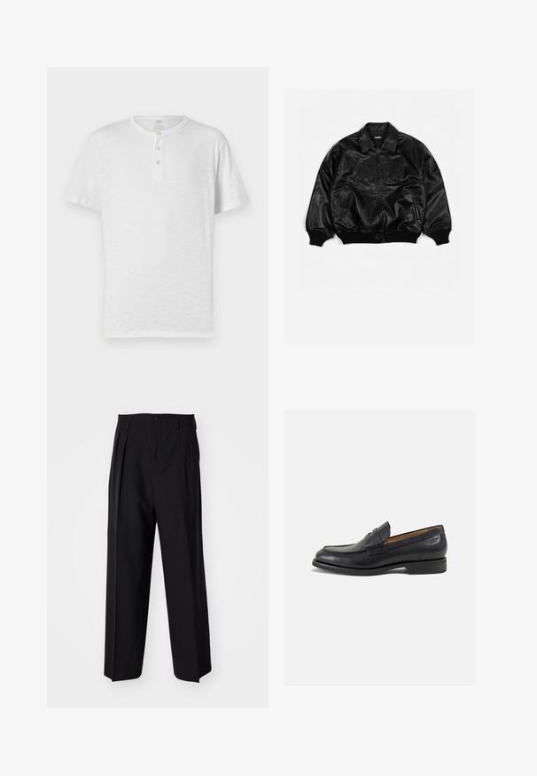 Schwarze Lederbombajacke mit durchgehendem Reißverschluss, gerippten Bündchen und Saum, mit geprägt beschrifteter Brust und seitlichen Taschen.; Weißes kurzärmliges Henley-T-Shirt mit einer Drei-Knopf-Leiste, aus leichtem, leicht strukturiertem Stoff. Rundhalsausschnitt, lässige Passform.; Schwarze, plissierte Hose mit geradem, weitem Bein. Hergestellt aus glattem Stoff, mit Knopfverschluss und Gürtelschlaufen.; Schwarze Leder Slipper mit glatter Oberfläche, runder Spitze und dekorativer Naht auf dem Vorderblatt. Niedriger Blockabsatz und leichter Glanz.