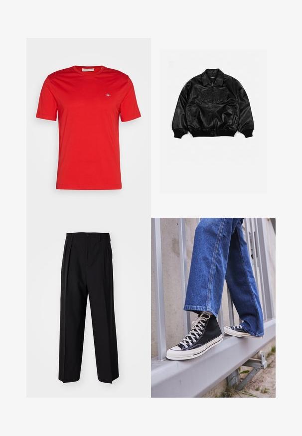 Giubbotto bomber in pelle nera con zip frontale, polsini e parte inferiore a costine, con lettering in rilievo sul petto e tasche laterali.; T-shirt rossa in cotone con scollo rotondo, maniche corte e un piccolo logo blu sul lato sinistro del petto. Texture liscia, stile casual.; Pantaloni neri a pieghe con un design dritto e gamba larga. Realizzati in tessuto morbido, con chiusura a bottone e passanti per cintura.; Scarpe da ginnastica nere alte con suola e lacci bianchi, abbinate a jeans di denim blu larghi, appoggiate su un parapetto grigio.