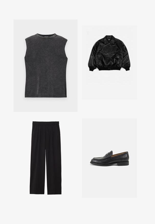 Juodas odinis bombonešis su užtrauktuku priekyje, iškirptomis rankovėmis ir apačia, puošniai iškėlėmis raidėmis ant krūtinės ir šoninėmis kišenėmis.; Weekday BOXY WASHED TANK - Viršus - washed black; Juodos platėjančios kelnės su pločiu priekiniu raukiniu, šoninėmis kišenėmis ir lygiu audiniu. Sukurtos patogiam prigludimui.; Juodi odiniai loafersai su lygiu paviršiumi, apvaliu pirštu ir dekoratyvine siūlė viršuje. Žemas sustiprintas kulnas ir lengvas blizgesys.