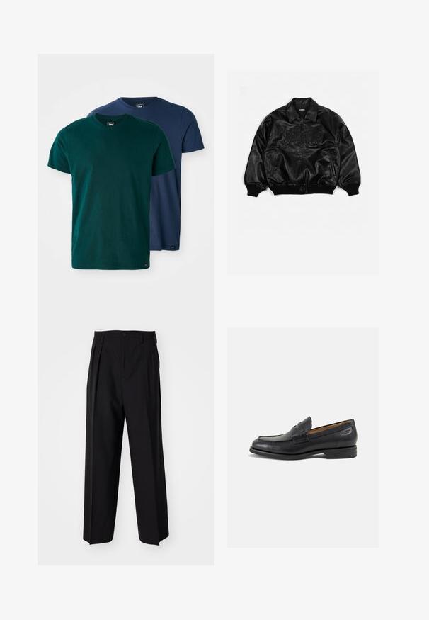 Czarna skórzana kurtka bombowa z zapięciem na zamek, prążkowanymi mankietami i dolną krawędzią, z wypukłym napisem na klatce piersiowej oraz bocznymi kieszeniami.; Dwie koszulki z krótkim rękawem w kolorze ciemnozielonym i granatowym. Wykonane z miękkiej bawełny, z klasycznym okrągłym dekoltem i luźnym krojem.; Czarne plisowane spodnie o prostym, szerokim kroju nogawek. Wykonane z gładkiego materiału, z zapięciem na guzik i pętelkami na pasek.; Czarne skórzane mokasyny o gładkim wykończeniu, zaokrąglonym nosku i dekoracyjnym przeszyciu na cholewce. Niski, warstwowy obcas i delikatny połysk.