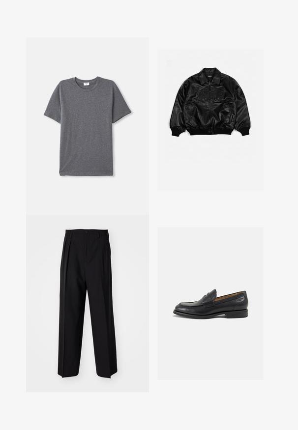 Svart lær bomberjakke med glidelås foran, ribbestrikkede mansjetter og kant, med preget skrift på brystet og sidelommer.; Grå t-skjorte med korte ermer laget av myk, glatt stoff. Klassisk rund hals med en avslappet passform og ingen fremtredende designfunksjoner.; Sorte plissert bukser med en rett, bred benform. Laget av glatt stoff, med knappelukking og beltehemper.; Sorte lær loafers med en glat overflade, rund tå og dekorativ syning på forfoden. Lav stablet hæl og let glans.