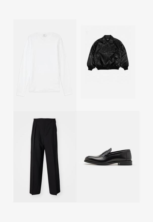 Jachetă bomber din piele neagră cu fermoar frontal, manșete și tiv cu dungi, având inscripții embosate pe piept și buzunare laterale.; Tricou alb cu mânecă lungă și decolteu în V, realizat dintr-un material moale, cu o croială lejeră și slituri laterale pentru un confort sporit în mișcare.; Pantaloni negri plisat cu un design drept și pantaloni largi. Construiți dintr-un material neted, prevăzuți cu închidere cu nasture și bucle pentru curea.; Mocasini din piele neagră cu o textură netedă, vârf rotund și o curea decorativă peste partea superioară. Toc mic, design minimalist.