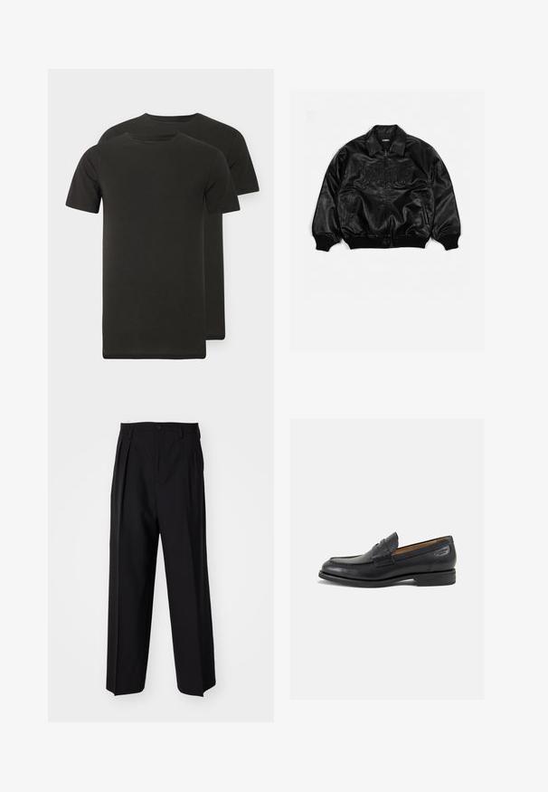 Chaqueta bomber de cuero negro con cierre de cremallera en la parte delantera, puños y dobladillo acanalados, que presenta letras en relieve en el pecho y bolsillos laterales.; Dos camisetas negras de cuello redondo hechas de tela suave. Mangas cortas, bajo recto y sin patrones ni gráficos visibles.; Pantalones negros plisados con un diseño recto y de pierna ancha. Fabricados en una tela suave, presentan un cierre de botón y trabillas para el cinturón.; Mocasines de cuero negro con un acabado suave, punta redondeada y costuras decorativas en la parte superior. Tacón bajo apilado y un ligero brillo.