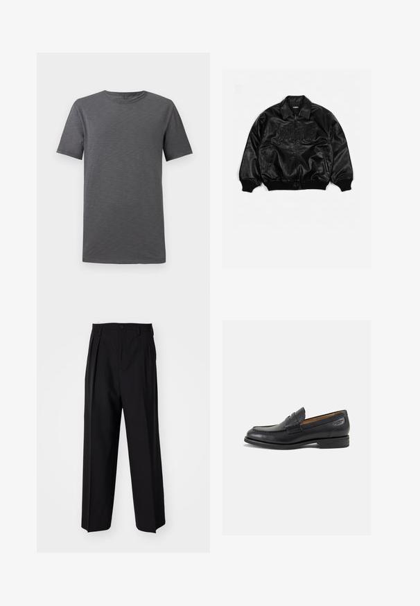 Jaqueta bomber de pele preta com fecho de correr à frente, punhos e bainha canelados, apresentando letras em relevo no peito e bolsos laterais.; Camiseta cinza de manga curta exposta contra um fundo branco, apresentando decote redondo e um design simples e casual.; Calças pretas plissadas com um design reto e de perna larga. Feitas de um tecido liso, apresentam um fecho de botão e passantes para cinto.; Mocassins pretos de pele com um acabamento suave, bico redondo e costura decorativa no a parte superior. Salto baixo e empilhado com um ligeiro brilho.