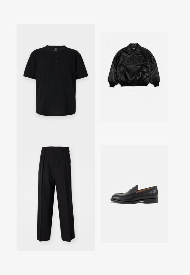 Zwarte leren bomberjack met een ritssluiting aan de voorkant, geribbelde manchetten en onderkant, met reliëfletters op de borst en zijzakken.; Zwarte T-shirt met korte mouwen en een ronde hals, voorzien van een drieknops-sluiting en een ontspannen pasvorm. Gemaakt van een zachte, textuurrijke stof.; Zwarte geplooide broeken met een rechte, brede pijpontwerp. Gemaakt van soepele stof, met een knoopsluiting en riemlussen.; Zwarte leren loafers met een gladde afwerking, ronde neus en decoratieve stiksels op de wreef. Lage gestapelde hak en een lichte glans.