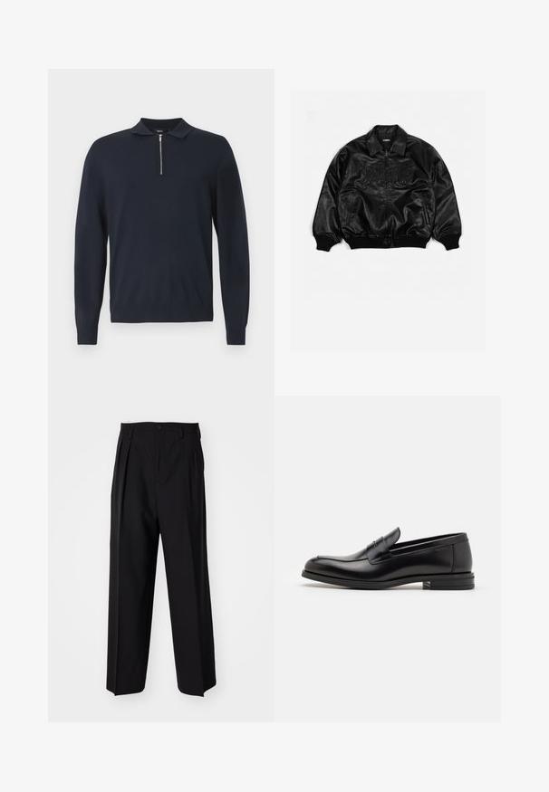 Černá kožená bomber bunda se zipem vpředu, žebrovanými manžetami a spodním lemem, s vytlačeným nápisem na hrudi a bočními kapsami.; Námořnický svetr s dlouhým rukávem vyrobený z pleteniny, s zipem u límce a přiléhavým lemem. Jednoduchý, jednobarevný design.; Černé skládací kalhoty s rovnými, širokými nohavicemi. Vyrobené z hladké tkaniny, se zapínáním na knoflík a poutky na opasek.; Černé kožené polobotky s hladkou texturou, zaoblenou špičkou a zdobným páskem přes nárt. Nízký stohovaný podpatek, minimalistický design.