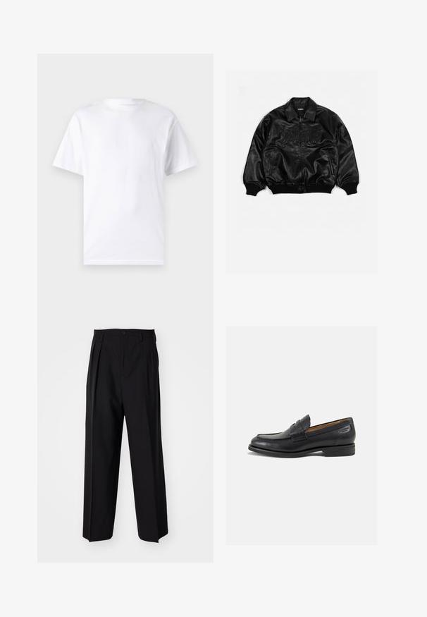 Svart läderbomberjacka med dragkedja fram, ribbade ärmslut och nederkant, med präglad text på bröstet och sidofickor.; Vit kortärmad t-shirt i bomull med rund halsringning, som har en slät textur och en enkel design utan mönster eller accenter.; Svarta plisserade byxor med en rak, bred bendesign. Tillverkade av ett slätt tyg, med knäppning fram och bälteshällor.; Svarta läder loafers med en slät ytfinish, rund tå och dekorativ sömnad på vampen. Låg staplad klack och lätt glans.