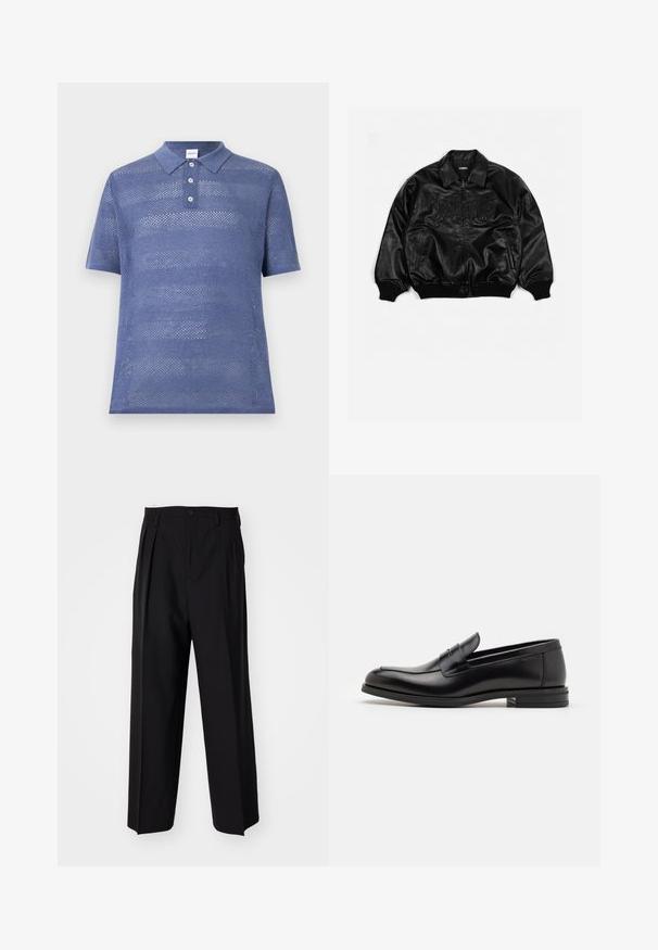 Čierna kožená bomber bunda so zapínaním na zips, s rebrovanými manžetami a spodným lemom, s embosovaným nápisom na hrudi a bočnými vreckami.; Modrá, krátkoprstá polo tričko vyrobené z otvoreného pleteného materiálu. Má golier s tromi gombíkmi a textúrovaný pruhovaný vzor.; Čierne skladané nohavice s rovnom, širokým strihom. Vyrobené z hladkého materiálu, s gombíkovým zapínaním a pútkami na opasok.; Čierne kožené mokasíny s hladkou textúrou, zaoblenou špičkou a dekoračným pásikom cez priehlavok. Nízky vrstvený opätok, minimalistický dizajn.