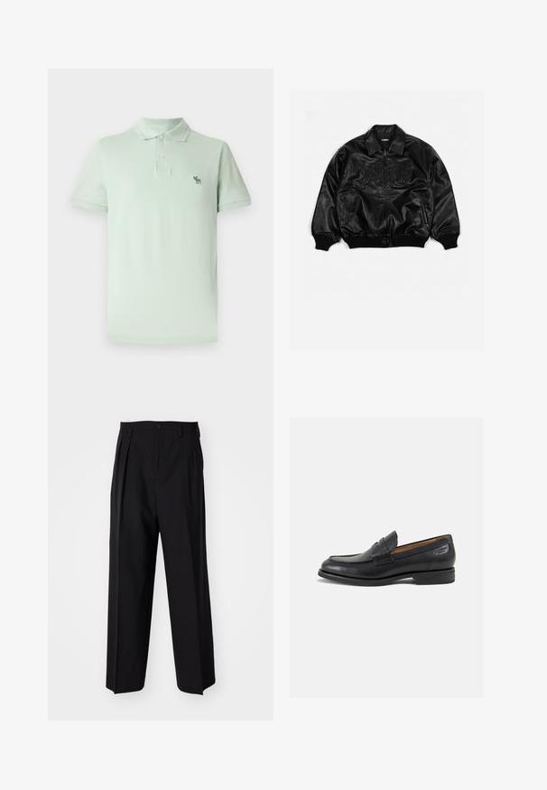 Jaqueta bomber de pele preta com fecho de correr à frente, punhos e bainha canelados, apresentando letras em relevo no peito e bolsos laterais.; Polo verde claro feito de algodão, com uma pala com botões, mangas curtas e um pequeno logo bordado no lado esquerdo do peito.; Calças pretas plissadas com um design reto e de perna larga. Feitas de um tecido liso, apresentam um fecho de botão e passantes para cinto.; Mocassins pretos de pele com um acabamento suave, bico redondo e costura decorativa no a parte superior. Salto baixo e empilhado com um ligeiro brilho.