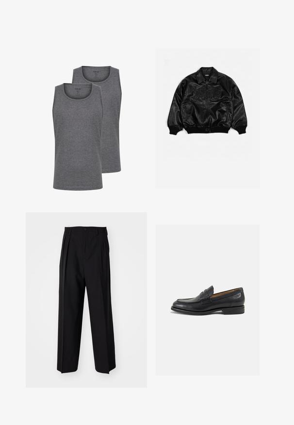 Zwarte leren bomberjack met een ritssluiting aan de voorkant, geribbelde manchetten en onderkant, met reliëfletters op de borst en zijzakken.; Twee grijze tanktops van een zachte katoenmix. Beschikken over een ronde halslijn en een mouwloos ontwerp. Zachte textuur en reguliere pasvorm.; Zwarte geplooide broeken met een rechte, brede pijpontwerp. Gemaakt van soepele stof, met een knoopsluiting en riemlussen.; Zwarte leren loafers met een gladde afwerking, ronde neus en decoratieve stiksels op de wreef. Lage gestapelde hak en een lichte glans.