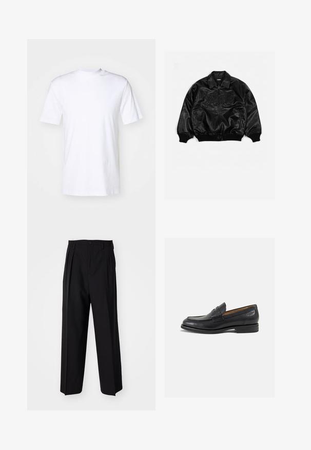 Giubbotto bomber in pelle nera con zip frontale, polsini e parte inferiore a costine, con lettering in rilievo sul petto e tasche laterali.; Maglietta bianca a maniche corte in cotone, con scollatura rotonda e orlo dritto. Texture liscia e senza motivi o dettagli visibili.; Pantaloni neri a pieghe con un design dritto e gamba larga. Realizzati in tessuto morbido, con chiusura a bottone e passanti per cintura.; Mocassini in pelle nera con finitura liscia, punta arrotondata e cuciture decorative sulla tomaia. Tacco basso impilato e leggero lucido.