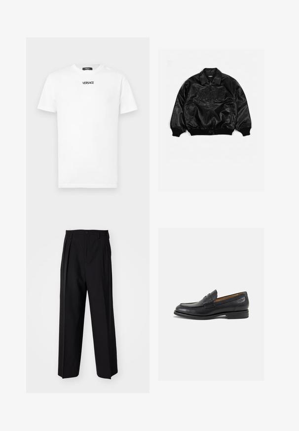 Jaqueta bomber de pele preta com fecho de correr à frente, punhos e bainha canelados, apresentando letras em relevo no peito e bolsos laterais.; T-shirt de algodão branco com mangas curtas, decote redondo e logótipo "VERSACE" preto impresso no peito. Corte clássico e textura suave.; Calças pretas plissadas com um design reto e de perna larga. Feitas de um tecido liso, apresentam um fecho de botão e passantes para cinto.; Mocassins pretos de pele com um acabamento suave, bico redondo e costura decorativa no a parte superior. Salto baixo e empilhado com um ligeiro brilho.
