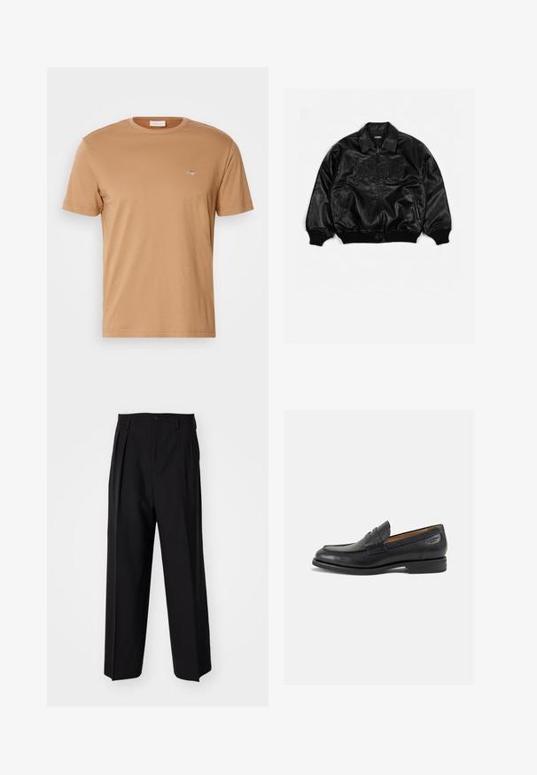 Giubbotto bomber in pelle nera con zip frontale, polsini e parte inferiore a costine, con lettering in rilievo sul petto e tasche laterali.; GANT PRINTED ARCHIVE SHIELD - T-shirt basic - roasted walnut; Pantaloni neri a pieghe con un design dritto e gamba larga. Realizzati in tessuto morbido, con chiusura a bottone e passanti per cintura.; Mocassini in pelle nera con finitura liscia, punta arrotondata e cuciture decorative sulla tomaia. Tacco basso impilato e leggero lucido.