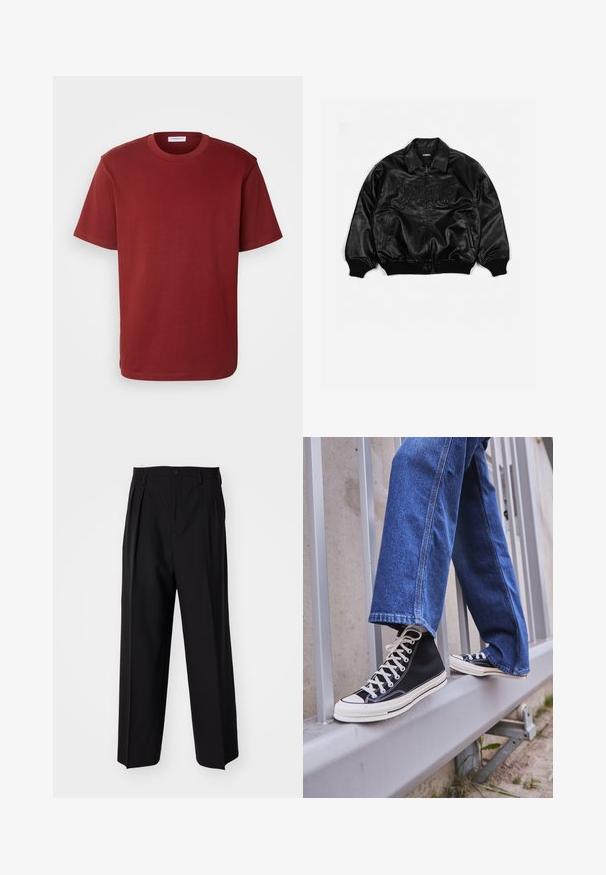 Fekete bőrdzseki cipzárral az elülső részén, bordázott mandzsettákkal és hemmed, dombornyomott felirattal a mellkasán és oldalsó zsebekkel.; Lindbergh O-NECK TEE S/S - Basic póló - dark red; Fekete, pliszírozott nadrág, egyenes, széles lábakkal. Sima anyagból készült, gombos záródással és övhurkokkal rendelkezik.; Fekete magasszárú sportcipők fehér talppal és fűzővel, laza kék farmernadrággal párosítva, egy szürke korlát tetején pihenve.
