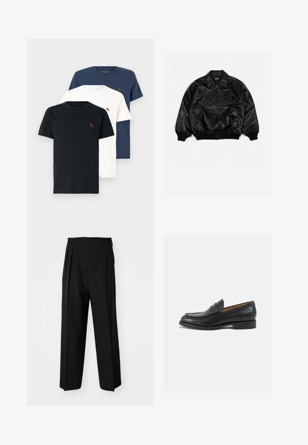 Svart lær bomberjakke med glidelås foran, ribbestrikkede mansjetter og kant, med preget skrift på brystet og sidelommer.; Abercrombie & Fitch 3-Pack Polished Signature Icon Tees - T-shirts - casual black/mood indigo/white sand; Sorte plissert bukser med en rett, bred benform. Laget av glatt stoff, med knappelukking og beltehemper.; Sorte lær loafers med en glat overflade, rund tå og dekorativ syning på forfoden. Lav stablet hæl og let glans.