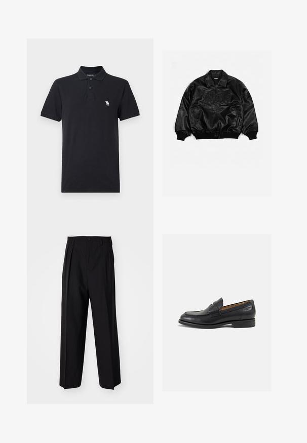 Black leather bomber jacket with a zip front, ribbed cuffs and hem, featuring embossed lettering on the chest and side pockets.; Black polo shirt made of cotton. Features a collar, two buttons, and a small white logo on the left chest. Short sleeves, no patterns.; Black pleated trousers with a straight, wide-leg design. Made from smooth fabric, featuring a button closure and belt loops.; Black leather loafers with a smooth finish, rounded toe, and decorative stitching on the vamp. Low stacked heel and slight shine.