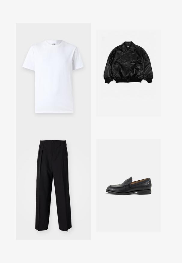 Čierna kožená bomber bunda so zapínaním na zips, s rebrovanými manžetami a spodným lemom, s embosovaným nápisom na hrudi a bočnými vreckami.; Biele bavlnené tričko s okrúhlym výstrihom a krátkymi rukávmi. Jednoduchý dizajn bez vzorov alebo grafik, so značkou GAP na golieri.; Čierne skladané nohavice s rovnom, širokým strihom. Vyrobené z hladkého materiálu, s gombíkovým zapínaním a pútkami na opasok.; Čierne kožené mokasíny s hladkým povrchom, zaoblenou špičkou a dekoratívnym prešívaním na prednej časti. Nízky kokteilový opätok a jemný lesk.