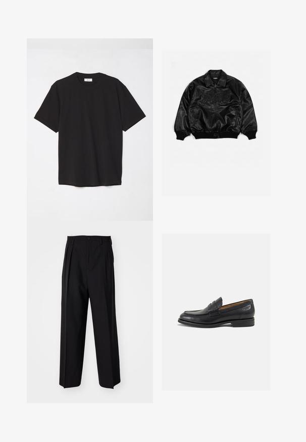 Chaqueta bomber de cuero negro con cierre de cremallera en la parte delantera, puños y dobladillo acanalados, que presenta letras en relieve en el pecho y bolsillos laterales.; Camiseta de algodón negra con cuello redondo, mangas cortas y un corte relajado. Diseño simple, textura suave y sin patrones o logotipos visibles.; Pantalones negros plisados con un diseño recto y de pierna ancha. Fabricados en una tela suave, presentan un cierre de botón y trabillas para el cinturón.; Mocasines de cuero negro con un acabado suave, punta redondeada y costuras decorativas en la parte superior. Tacón bajo apilado y un ligero brillo.