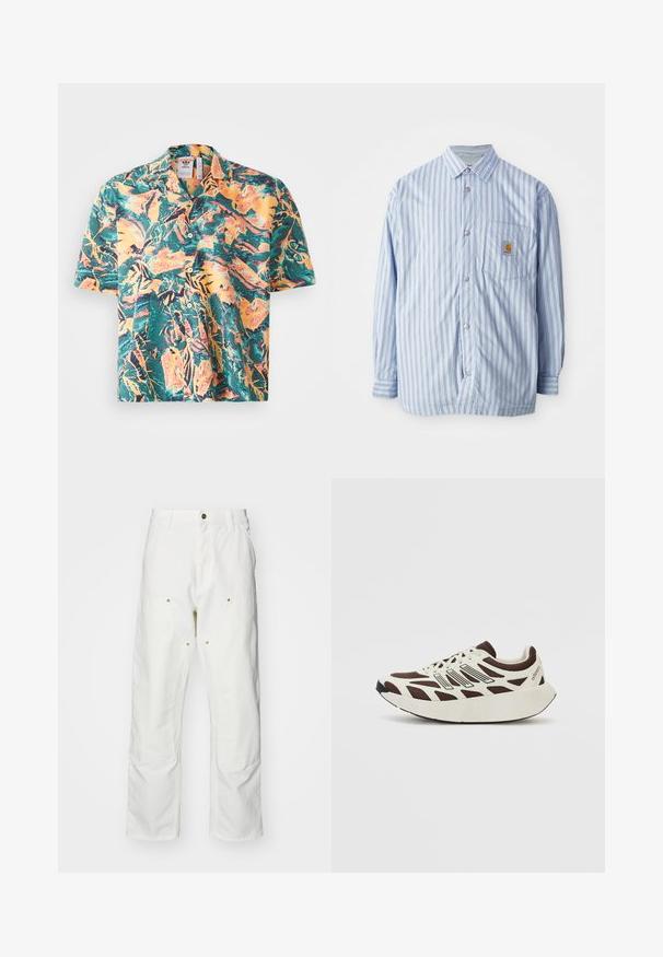 Wzorzysta koszula z długim rękawem w jasnoniebieskie i białe paski, z czerwonymi akcentami. Posiada kieszeń na piersi i wykonana jest z gładkiego materiału.; Koszula krótki rękaw w żywym tropikalnym wzorze z zielonymi, pomarańczowymi i żółtymi akcentami. Klasyczny kołnierzyk z zapięciem na guziki i luźny krój.; Białe bawełniane spodnie cargo o luźnym kroju. Cechy to przednie kieszenie, złote akcenty oraz wzmocnione części kolan.; Brązowe i kremowe sneakersy z siateczkowym wierzchem, teksturowanymi nakładkami oraz zaokrągloną, grubą białą podeszwą. Wyposażone w niskoprofilowy język i sznurowadła.
