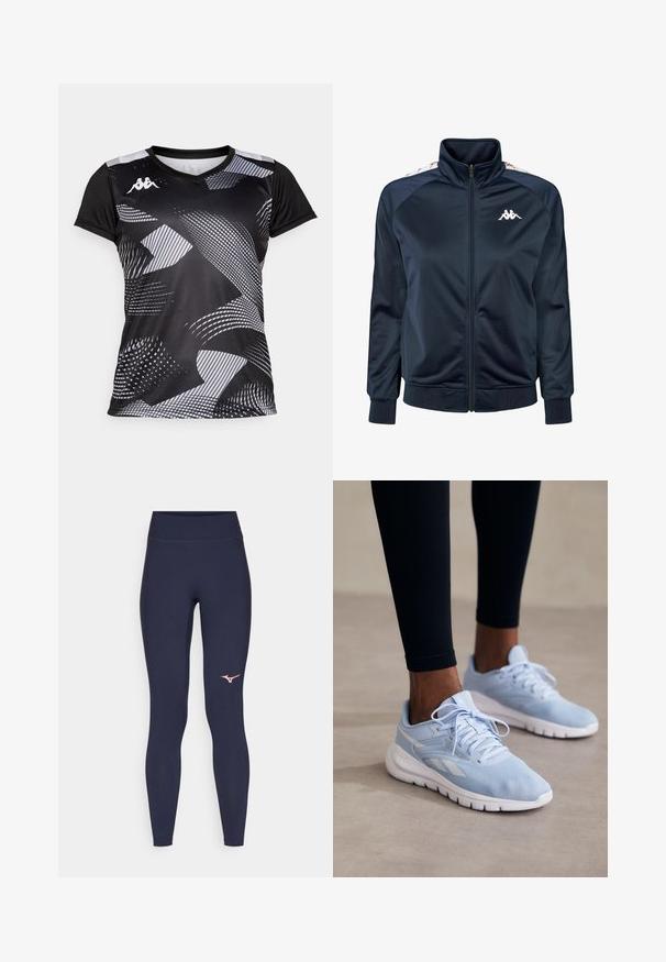 Tumesinine treeningjakk, mis on valmistatud siledast materjalist, kõrge kraega, esi tõmbluku ja ribatakistega; omab logo ja mustrilisi aktsente õlgadel.; Mustern vahetus must spordipaita, millel on abstraktsed hallid mustrid. Lühikeste varrukatega ja V-kaelusega. Valmistatud kergest, hingavast materjalist.; Tumesinised retuusid kõrge vöökoht, valmistatud venivast materjalist. Alumisel vasakul säärel on roosa logo. Sujuv ja keha kuju järgiv disain.; Heledad sinised spordikingad, millel on võrkkangas, pehmendusega krae ja valge tallaga. Omab paelu ja külgriibusid kontrastsetes valgetes värvitoonides.